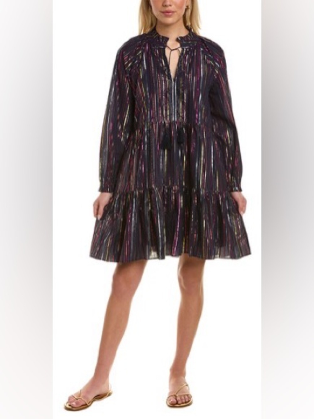 Roller Rabbit Janni Rainbow Lurex Tiered Mini Dress Navy Metallic Stripe Small